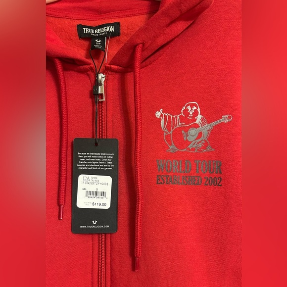 True Religion Red Zip Up Hoodie Size Small - Picture 3 of 9
